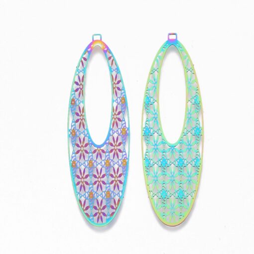 4pc x  55mmx17mm Oval with Flower Shaped Multicoloured Etched Metal Embellishments for pendants, earrings or charms