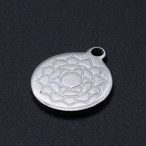 1 x 12mm Flat Round Chakra Anahata Stainless Steel Charm / Pendant / Tag - Image 2