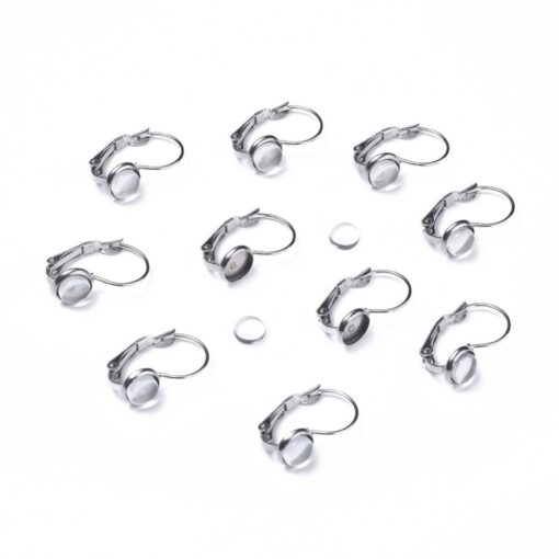 5 Pairs of 6mm Stainless Steel Lever Back Earring Cabochon Settings With Clear Glass Cabochons - Hypoallergenic