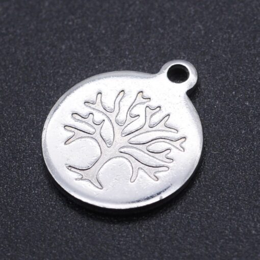 5 x 12mm Flat Round Tree Of Life Stainless Steel Charm / Pendant / Tag - Image 2