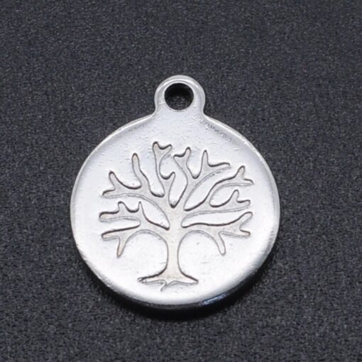 5 x 12mm Flat Round Tree Of Life Stainless Steel Charm / Pendant / Tag