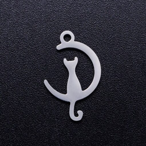 5 x Kitten or cat Pendant with a crescent moon shape Stainless Steel Pendant or Charm