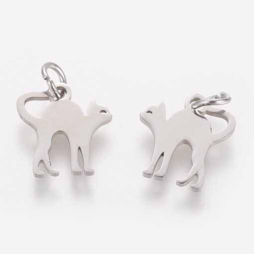 5 x Cat Stainless Steel Pendant or Charm with Jump Ring - perfect for earring findings, charms or pendants