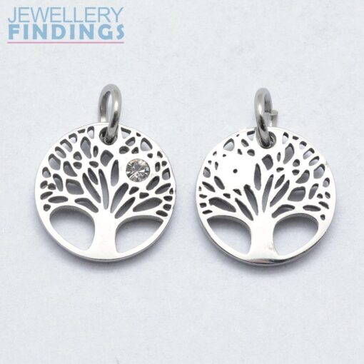 2 x 316 Stainless Steel Tree of Life Pendant with Cubic Zirconia