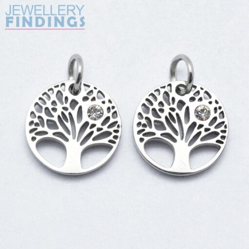 2 x 316 Stainless Steel Tree of Life Pendant with Cubic Zirconia - Image 2